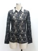 shinny beads collar long sleeve black lace blouse