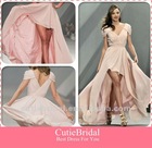 Custom Made Cap Sleeves V-neckline Design high-low-hem Chiffon Evening Dress Fashion Dress