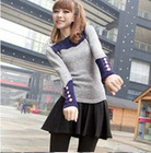 Stylish Button Embellished Cuff Color Block T-Shirt Grey QM12092440-1