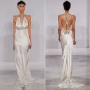 White Deep V-Neckline Sequins Beaded Long Evening Dress