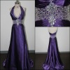 Charming halter shiny purple satin floor length court train beaded bodice low back design your own prom dress