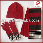 100%cashmere stripe knit scarf,glove and hat set with 2011fashion accessory